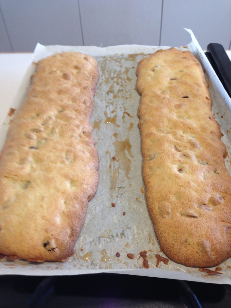 cherry almond biscotti after first baking