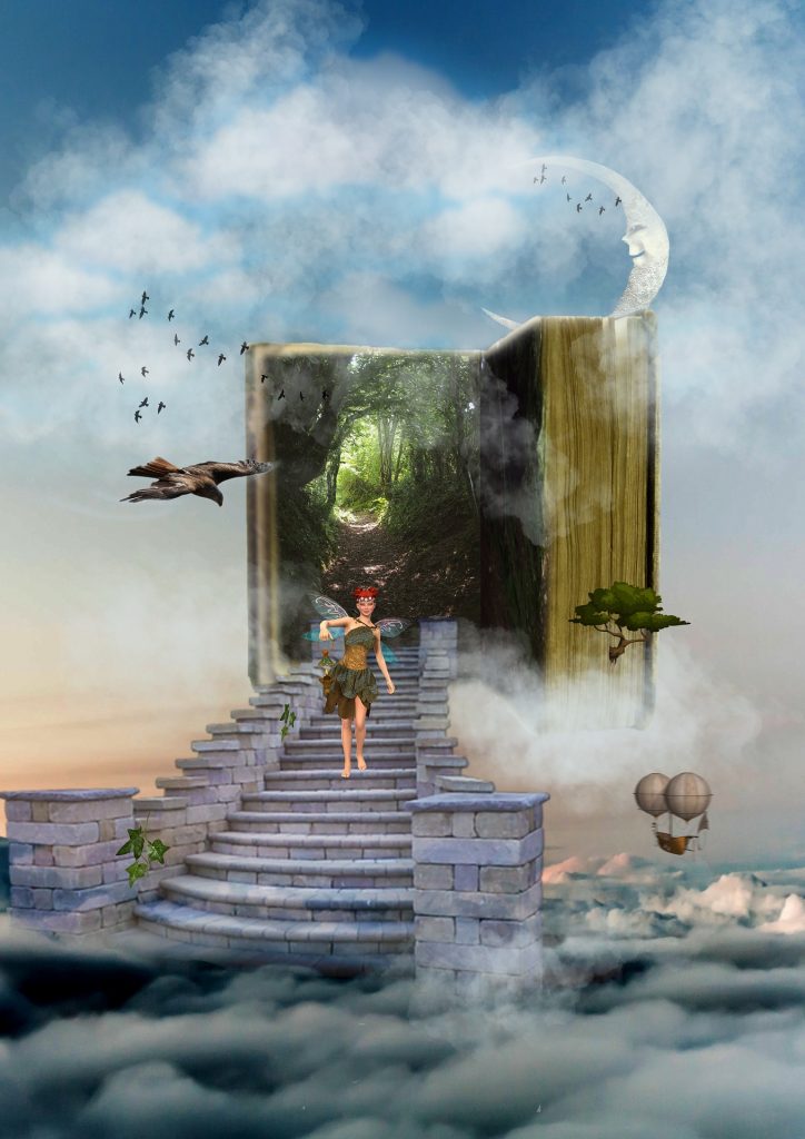 fantasy picture of book with woman and birds flying