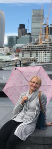 M A Clarke Scott Author Capsule wardrobe pink umbrella, leggings with cardigan and t-shirt